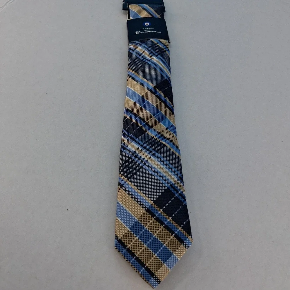 Ben Sherman Necktie Men OS Blue Tan Plaid Classic Woven Textured Polyester Tie